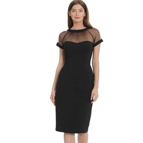 Maggy London Black Illusion Sheath Dress Size 12 Dressy Cocktail Wedding Classic - Picture 1 of 11